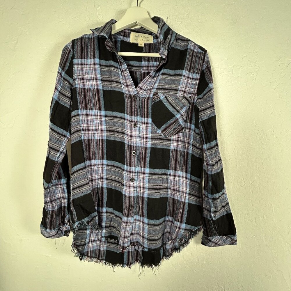 Cloth & Stone Womens Long Sleeve Button-Up Plaid Flannel Shirt Top XS Black/Blue